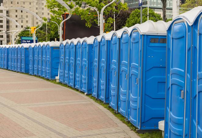 Seasonal porta potty units set up at a Lansing, Michigan venue